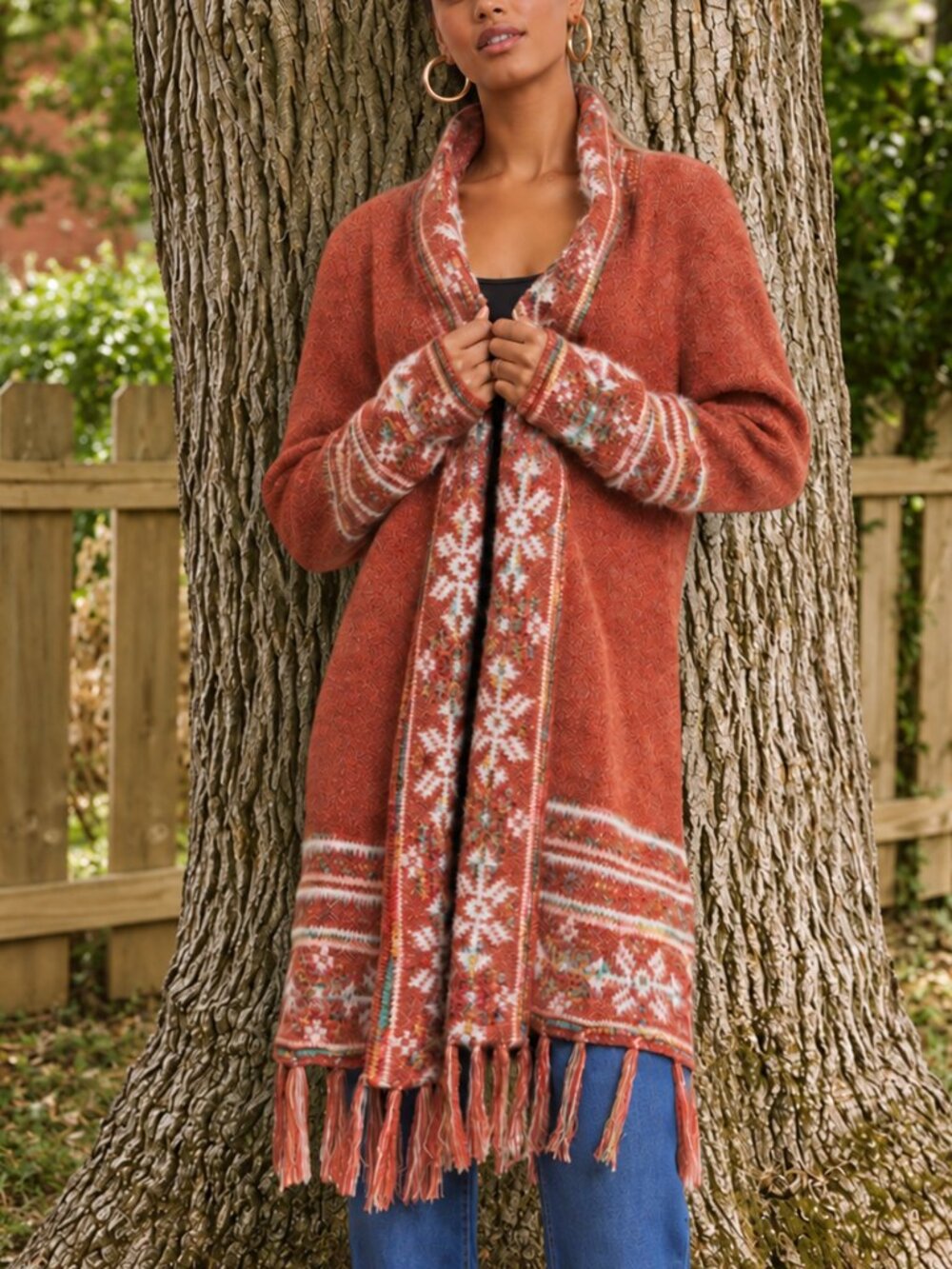 Southwestern Rust Red Clay Jacquard Long Duster Cardigan Fringe Tribal Boho